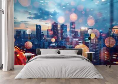 Magical cityscape at dusk with glowing bokeh lights floating in foreground, creating a dreamy urban atmosphere of skyscrapers against colorful twilight sky. Wall mural