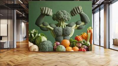 Muscular broccoli superhero flexing amidst colorful array of fresh vegetables, symbolizing strength from healthy eating on green background. Wall mural