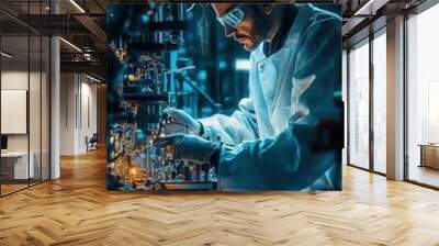 Scientist in protective gear meticulously examines complex laboratory equipment bathed in eerie blue light, conducting cutting-edge research in high-tech facility. Wall mural