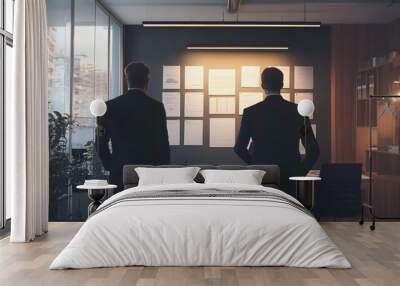 Silhouettes of two businessmen examining project plans on office wall, illuminated by soft evening light streaming through large windows. Wall mural