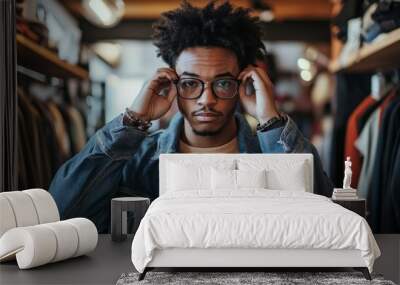 Stylish young man with afro hairstyle and glasses adjusts his frames while standing in a trendy clothing store, surrounded by racks of fashionable attire. Wall mural