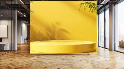 Tropical paradise product display: golden podium surrounded by lush palm leaves against vibrant yellow background, creating a sunny, exotic ambiance. Wall mural