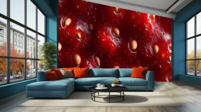 Vibrant close-up of a ripe strawberry's flesh, revealing its juicy red texture and tiny yellow seeds scattered throughout. Nature's intricate design in fruit. Wall mural