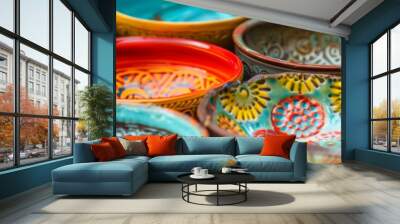 Vibrant handcrafted ceramic bowls showcase intricate patterns and bold colors, reflecting traditional artistry and cultural heritage in a close-up view of diverse designs. Wall mural