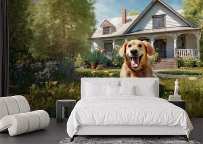 A happy dog lies on the lawn in the courtyard of a country house on a sunny summer day. Wall mural