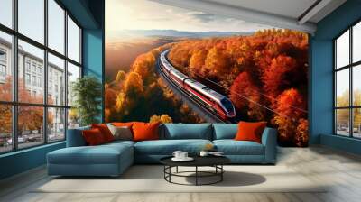 Aerial view of train and railroad among autumn forests, bird's eye view Wall mural