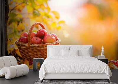 basket of red apples stands under tree among fallen yellow leaves. Wall mural