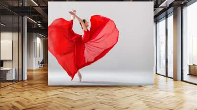 elegant ballerina in pointe shoes dancing in a long red skirt developing in the shape of a heart on a white background Wall mural