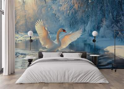 graceful white swan takes off from the water at dawn in morning against the backdrop of winter landscape. Wall mural