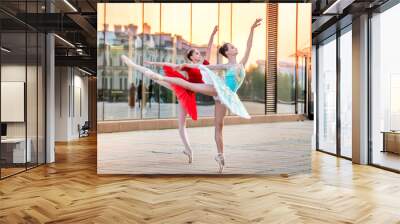 two young ballerinas in a bright red and blue tutu are dancing against backdrop of the reflection of city sunset Wall mural