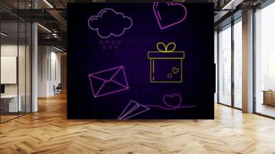 Neon icons on a dark background. Heart icons in neon style Wall mural