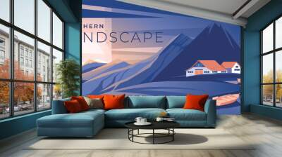 northern mountains with a view of houses. Blue sea or river sunset. Destination travel and tourism. Vector illustration Wall mural