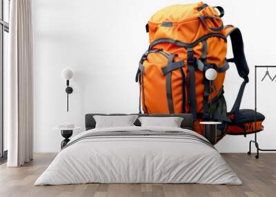 Orange tourist hiking backpack on a transparent background Wall mural