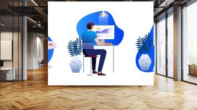 People work and interacting with graphs, icons and devices. Data analysis and office situations. 3D Isometric vector illustration set. Mobile application and website header images on white background. Wall mural