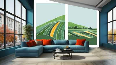 Aerial view of rural farmland: rice, wheat, corn field, tea plantations, grape vineyards. Green landscape, abstract patterns. Flat, geometric design, eco-friendly template. Summer village illustration Wall mural