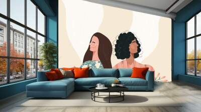 Deep breath of young boho diverse women. Beautiful face with closed eyes practicing yoga breath meditation feels calmness. Modern illustration by female beauty and mental femininity, feminism Wall mural