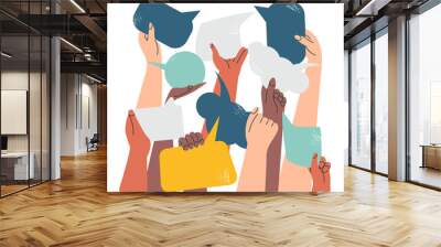 People's hands exchange ideas and holding speech bubble with vote and election. Team cooperation communicate collaborate. Diversity multicultural group with talk message cartoon vector illustration Wall mural