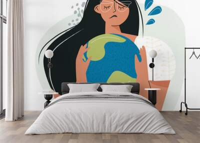 Sad woman hugging earth planet globe Ecology eco problem concept. Earth Environment Day, mother nature. Environmental problems and protection. Metaphor social poster or card of saving the planet Wall mural