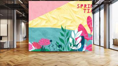 Spring flower paper torn collage vector background. Summer floral design. Garden illustration, craft banner, papercut nature pattern. Watercolor bloom template. Trendy texture wildflowers, header Wall mural