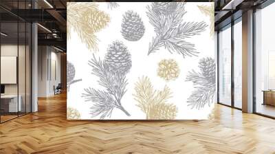 Pine cones and branches seamless pattern. Christmas gift wrapping. Vector illustration Wall mural