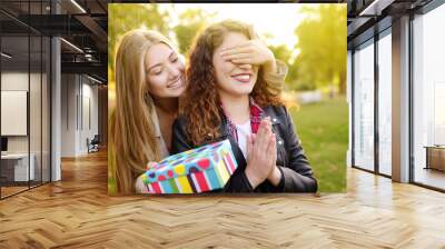 Beautiful young women gives a birthday gift to her friend Wall mural