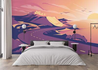 sea road sunset. adventure travel Hills, big water and the city. Vector flat illustration Wall mural