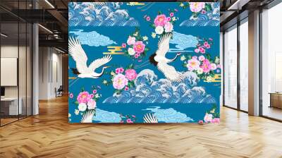 Seamless pattern with cranes and clouds Wall mural