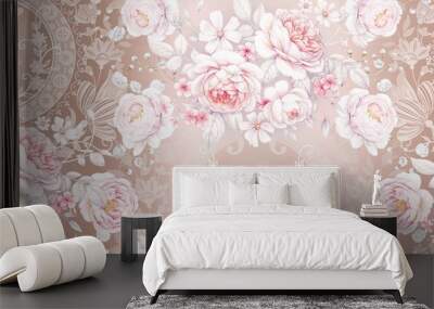 Seamless pattern with white roses 3 Wall mural