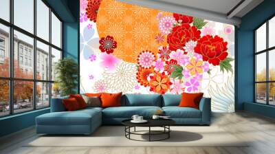 Seamless spring japanese pattern with classic floral motif and cranes Wall mural