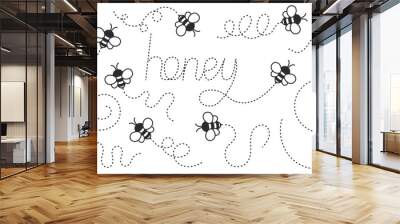 Cartoon flying bee on a dotted route path. Black and white insect illustration isolated on background. Wall mural