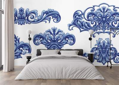 Set of blue decorative elements in Baroque style Wall mural