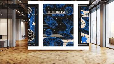 Set of retro-futuristic posters with abstract shapes and 3D wireframes in y2k style. Vector template for banner, post, cover Wall mural