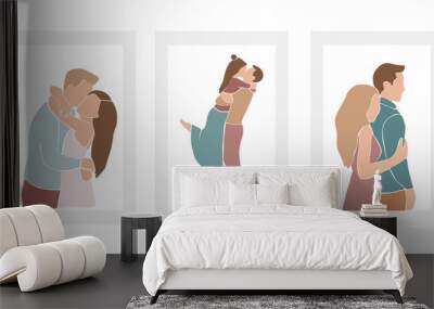 Set of romantic couples, pairs of men and women on date, hugs and kisses. Abstract silhouette style characters isolated on white background. Minimalist vector illustration.. Wall mural