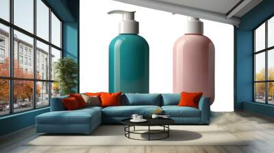 set of  two blue and sea-green cosmetic bottles for shampoo, handwasher, lotion, cleanser isolated on white background Wall mural