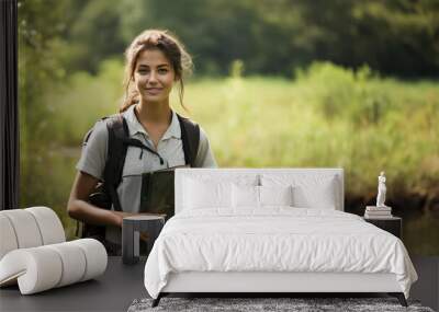 A young female student with a backpack, surrounded by forest, holding a book, ready for leisure and field study Wall mural