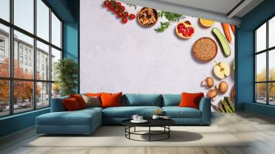 Food banner background with vegan products, vegan food on table, top view , veganuary concept Wall mural