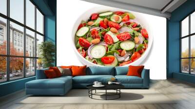 Isolated healthy salad with tomato, cucumber, greens and nuts, salad closeup  Wall mural