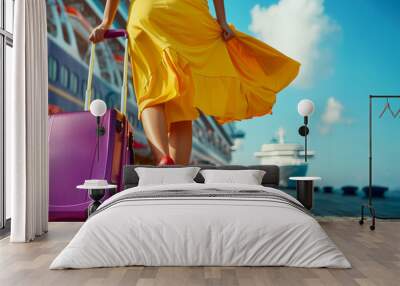 Rich, posh, fashionable woman wearing trendy clothes with vibrant suitcase and colorful heels boards a cruise ship for a sunny vacation, low angle view Wall mural