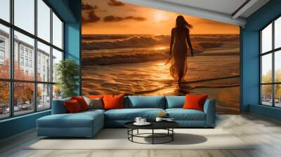 Silhouette of slim woman in dress walking on sea beach. during sunset or sunrise. Generative AI. Wall mural