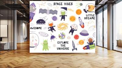 Big set of cute animal astronauts in space, with planets, stars. Isolated objects on white background. Hand drawn vector illustration. Scandinavian style flat design. Concept for children print. Wall mural