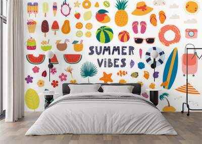 big summer set with fruits, drinks, pool floats, seashells, palm leaves. isolated objects on white b Wall mural