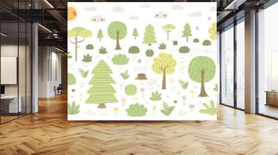 Cartoon woodland landscape, forest scene, isolated on white background. Hand drawn vector illustration. Tree, bush elements. Scandinavian style flat design. Concept for kids print, wallpaper, poster Wall mural