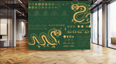 Chinese, Asian dragon traditional oriental gold elements collection, clouds, waves, mountains, fireworks, flowers, sun, stars. Isolated on green. Hand drawn vector illustration. Eastern style line art Wall mural