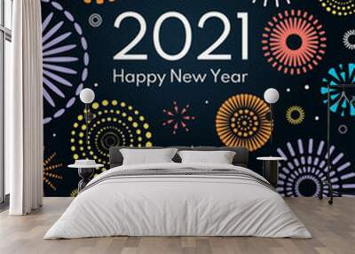 Colorful fireworks 2021 Happy New Year vector illustration, bright on dark blue background, with text. Flat style abstract geometric design. Concept for holiday greeting card, poster, banner, flyer. Wall mural