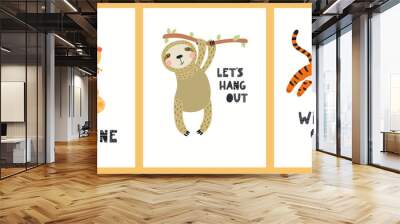 Cute funny tropical animals, snake, sloth, tiger, quotes. Posters, cards collection. Hand drawn wild animal vector illustration. Scandinavian style flat design. Concept for kids fashion, textile print Wall mural