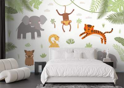 Cute tropical animals, tiger, crocodile, monkey, elephant, rhino, snake, boar, in the jungle. Hand drawn vector illustration. Scandinavian style flat design. Concept kids fashion print, poster card Wall mural