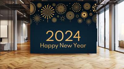 Golden fireworks 2024 Happy New Year, bright frame on dark background, with text. Flat style vector illustration. Abstract geometric design. Concept for holiday greeting card, poster, banner, flyer Wall mural