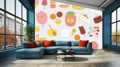 Hand drawn seamless vector pattern with kawaii funny sweet food doodles of cake, cookies, ice cream, candy, jam, macarons. Line drawing. Design concept kids textile print, wallpaper, wrapping paper. Wall mural