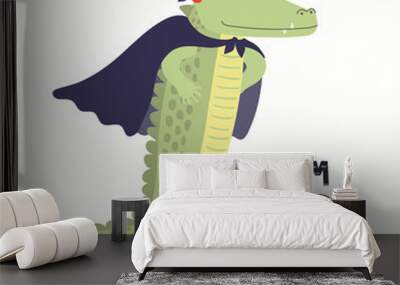 Hand drawn vector illustration of a cute crocodile superhero, with lettering quote I am a hero. Isolated objects on white background. Scandinavian style flat design. Concept for children print. Wall mural