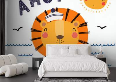 hand drawn vector illustration of a cute funny lion sailor in a cap and striped shirt, with letterin Wall mural